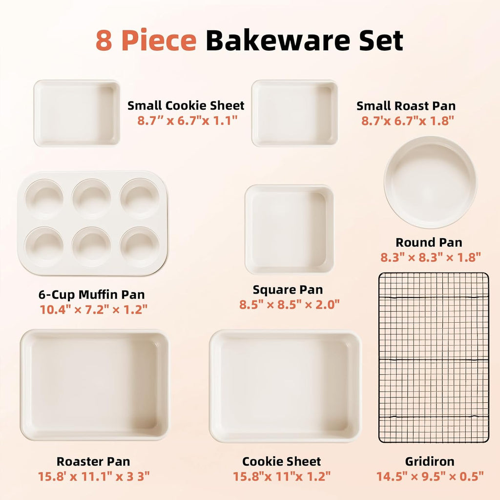Skiennix 8-Piece Non-Stick Baking Pans Set - Stackable Carbon Steel Bakeware with Cookie Sheet, Roasting Pan, Muffin Pan & Cooling Rack