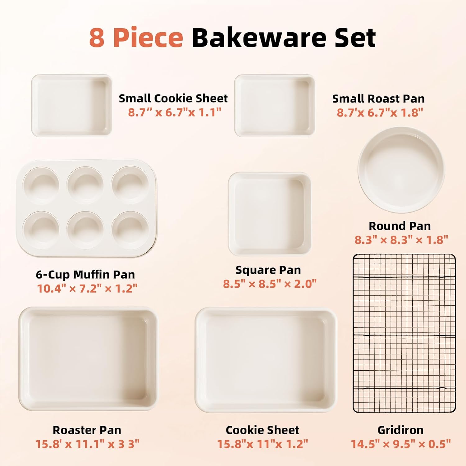 Skiennix 8-Piece Non-Stick Baking Pans Set - Stackable Carbon Steel Bakeware with Cookie Sheet, Roasting Pan, Muffin Pan & Cooling Rack