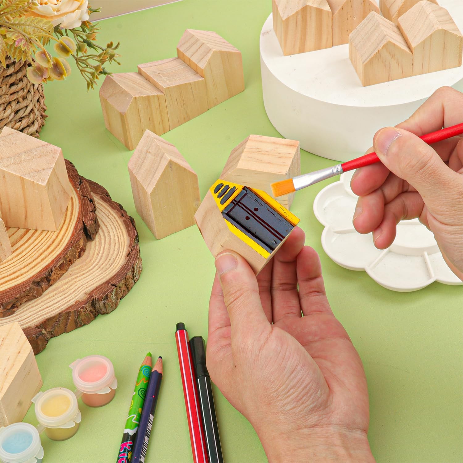 Skiennix 56 PCS Unfinished Wood House Blocks - Versatile DIY Craft Shapes for Home Decor & Festive Projects