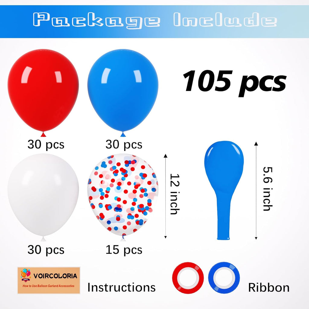 Voircoloria 12-Inch Red, White & Blue Latex Balloons - 105pcs for 4th of July Celebrations