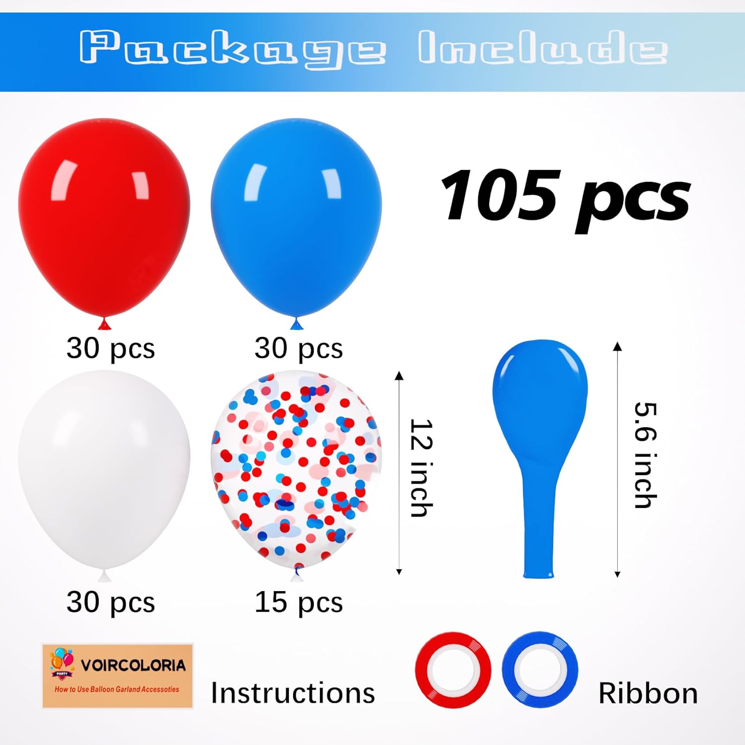 Voircoloria 12-Inch Red, White & Blue Latex Balloons - 105pcs for 4th of July Celebrations