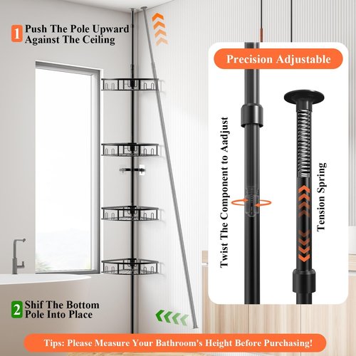 4-Tier Rustproof Corner Shower Caddy by [Brand Name] - Adjustable Height 42-115 Inch Bathroom Organizer in Black