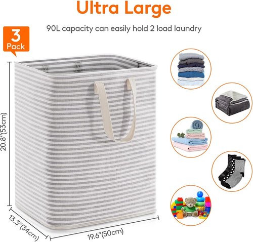 Lifewit Laundry Basket - 3 Pack Collapsible Hamper with Reinforced Handles | 90L Each, Waterproof Grey