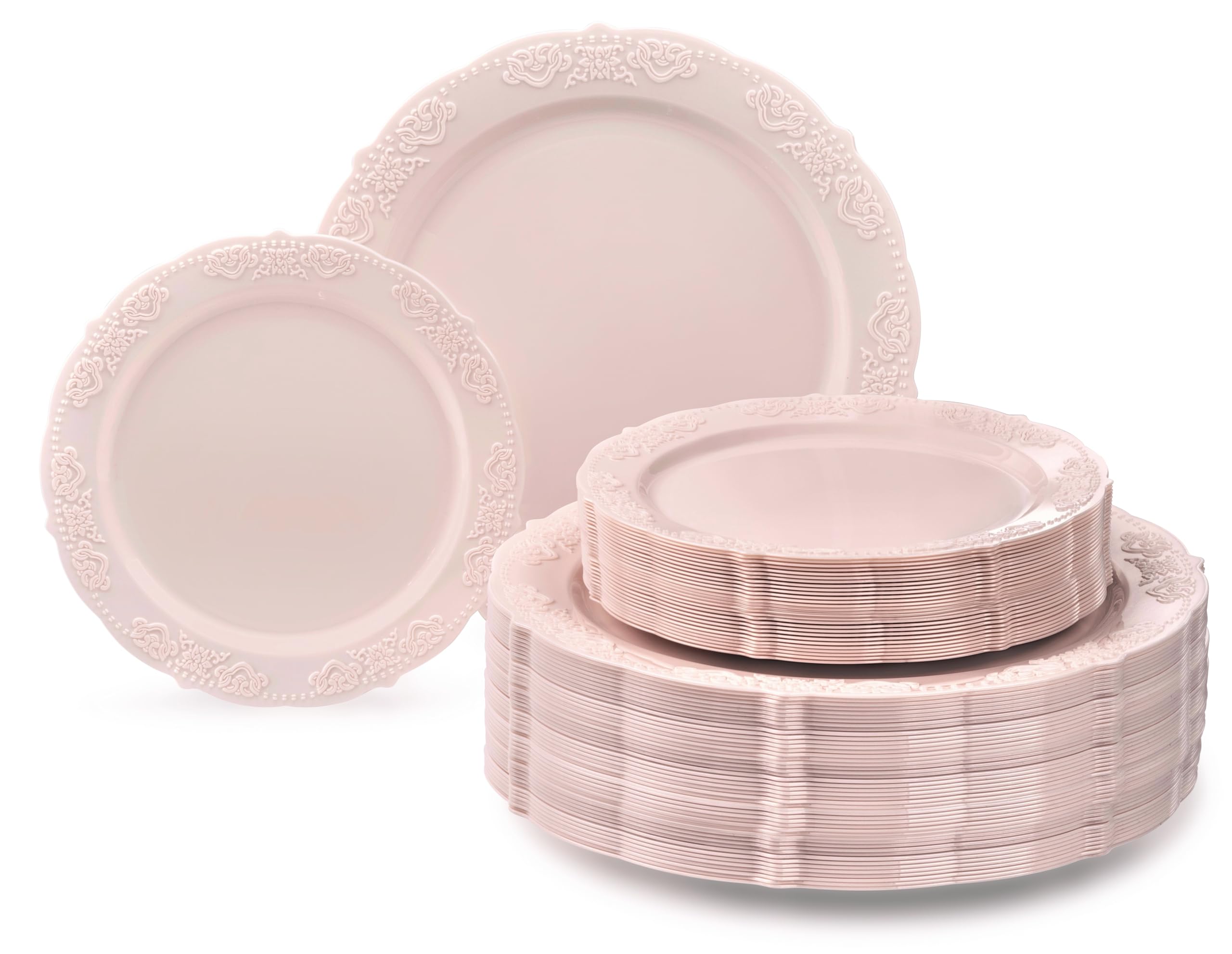 " OCCASIONS " 120 Plates Pack,(60 Guests) Vintage Wedding Party Disposable Plastic Plates Set -60x10.25'' Dinner+ 60x7.5'' Salad/Dessert Plate (Portofino Light Pink/Blush)