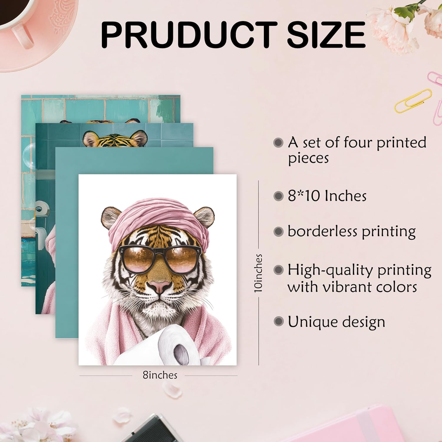 Poecinvi Pink Tiger Bathroom Wall Art Prints - Trendy Animal Decor Set of 4 | 8x10 Unframed