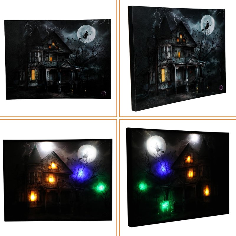 YYPLIAN Led Canvas Wall Art, Castle Light Up Painting Wall Decor, Halloween Lighting Painting Decoration with Battery Operated Lighted and Sound 20X15 Inch