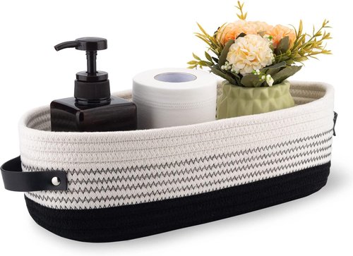 Farmhouse Cotton Rope Toilet Basket - Stylish Bathroom Decor & Organizer | 13"x5.9"x4" Black