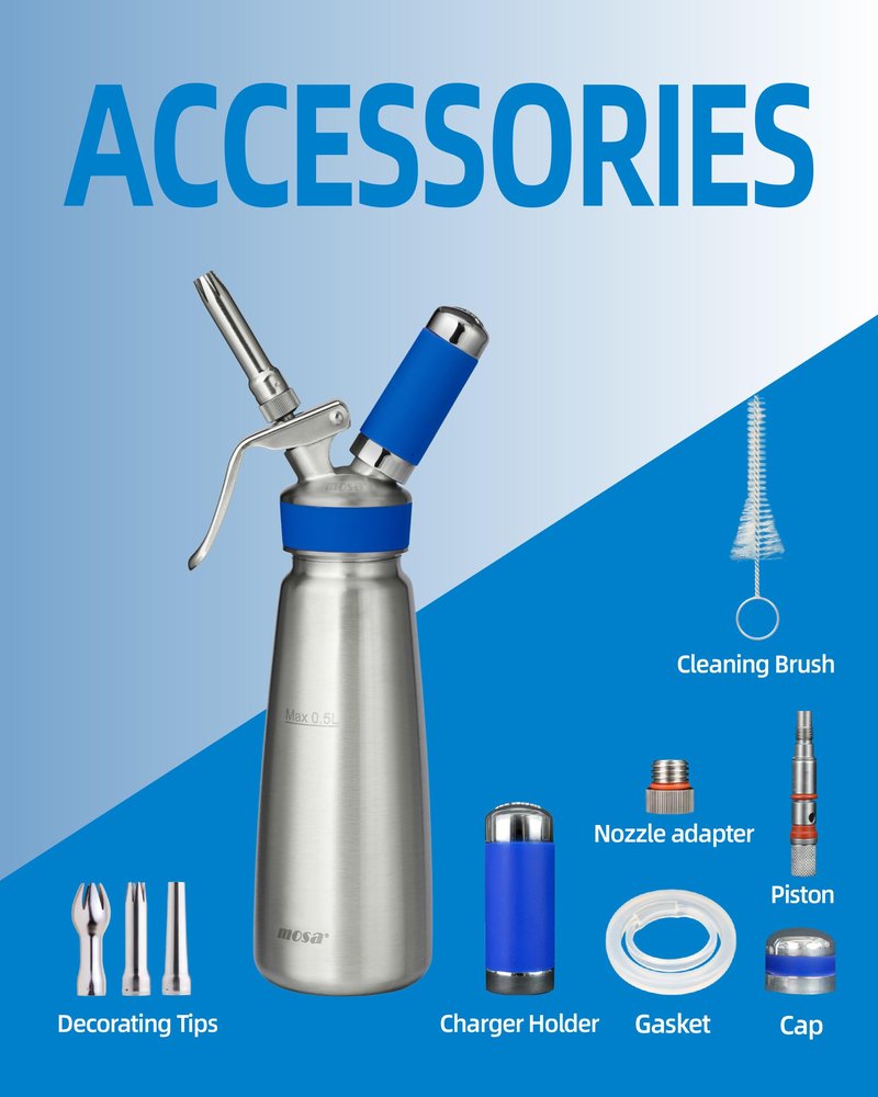 MOSA Professional 1 Pint (500mL) Blue Stainless Steel Whipped Cream Dispenser, 3-in-1 Cream Whipper, Nitro Cold Brew Maker & Soda Siphon, Fits 8g N2O, 2g N2 & 8g CO2 Chargers, NSF Certified