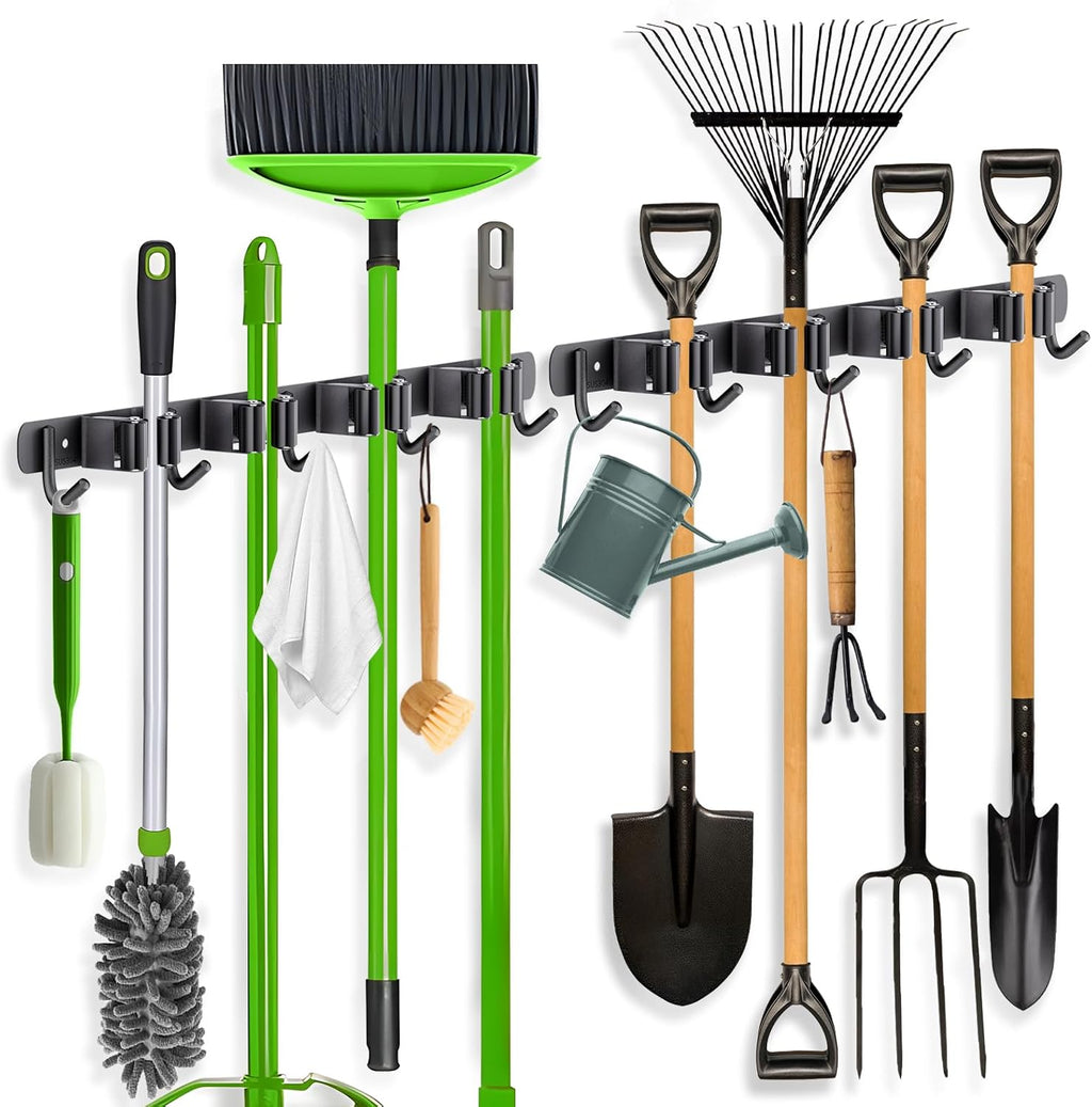 ZONGOOL Wall Mount Broom Holder - Heavy Duty 2 Pack Organizer with 4 Racks & 5 Hooks | Black