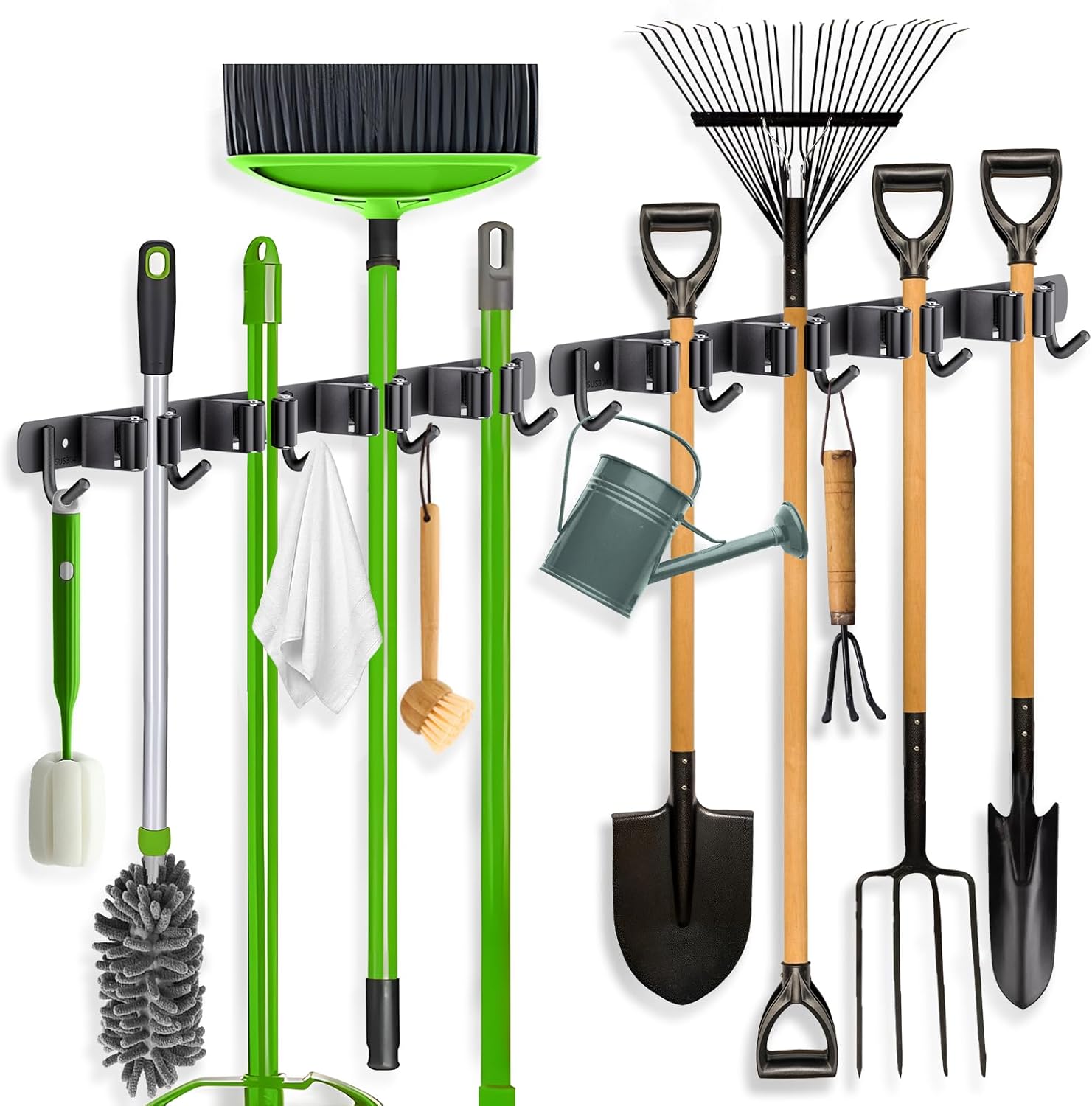 ZONGOOL Wall Mount Broom Holder - Heavy Duty 2 Pack Organizer with 4 Racks & 5 Hooks | Black
