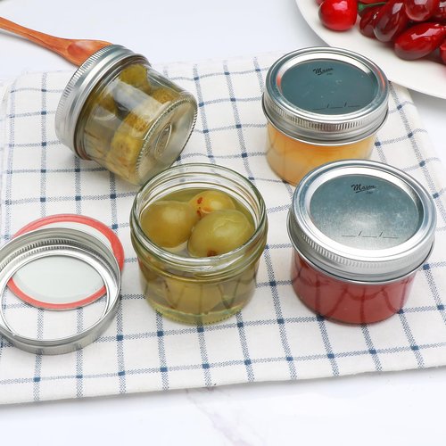 Datttcc Mini Mason Jars, Canning Jars, 4oz Mason Jars with Silver and Yellow Lids for Honey, Jams,Jelly Seasonings, for Kitchen, Bathroom, Gift Giving, Pack of 16