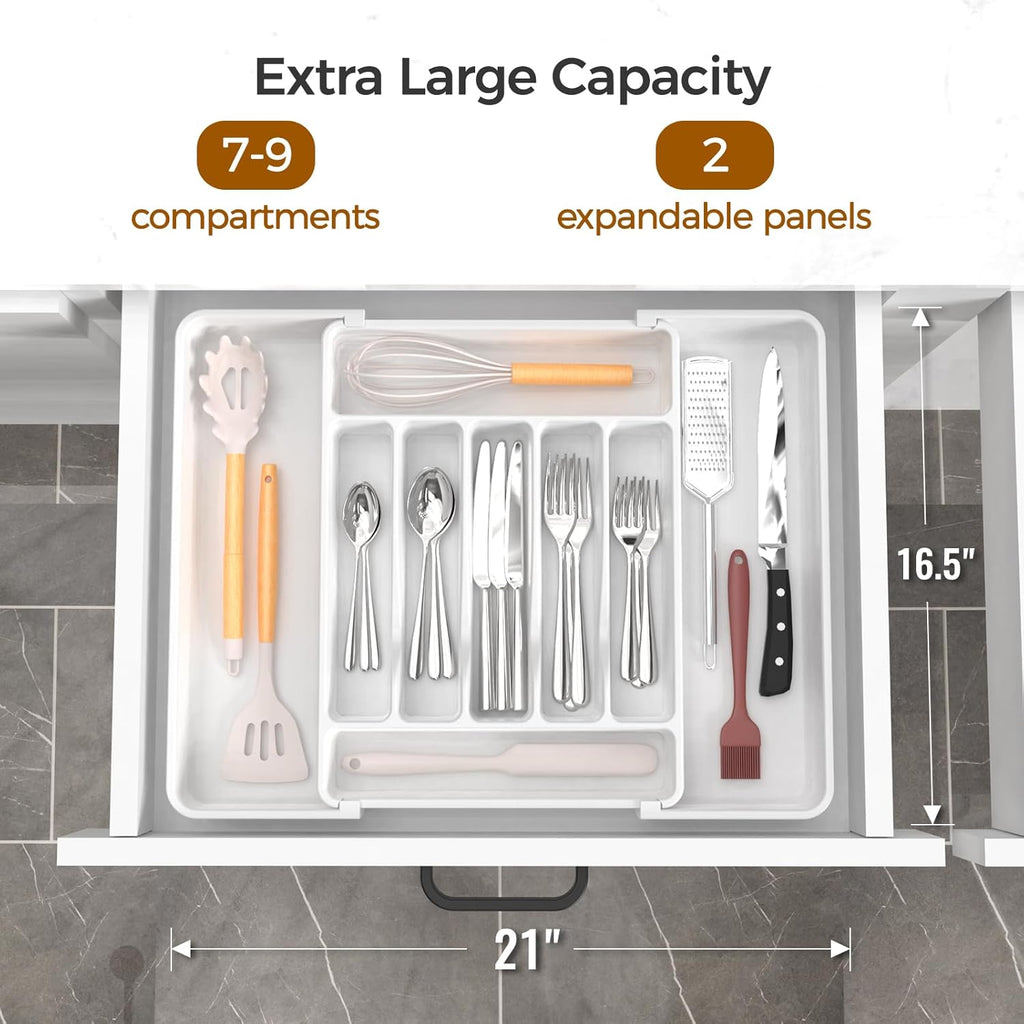 Ukeetap Extra Large Expandable Silverware Organizer - BPA-Free Cutlery Holder for Kitchen Drawers | White