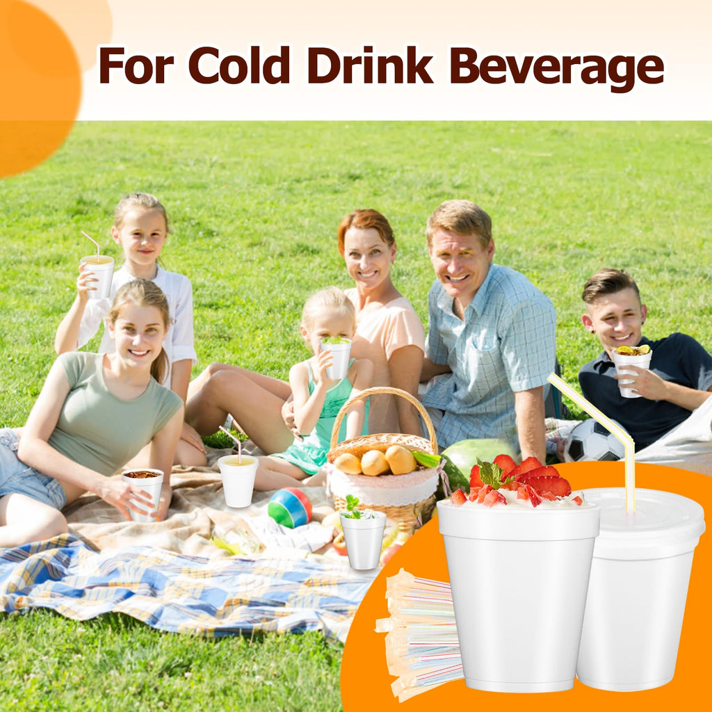 RIKICACA 8 Oz Styrofoam Cups with Lids and Drinking Straws, Disposable White Foam Cups for Hot Cold Drink Beverage, To Go Drinking Container for Coffee, Tea, Juice - 50Sets/150pcs
