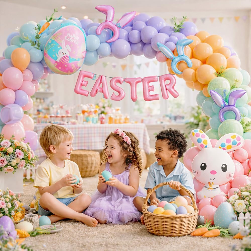 Pastel Easter Balloon Arch Kit by [Brand Name] - 145PCS with Bunny Ear Headband & Foil Balloons for Spring Celebrations