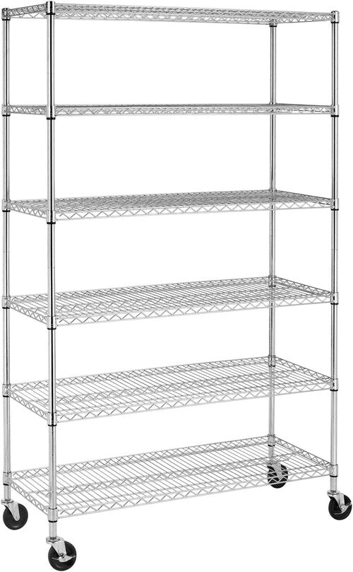 BestOffice 6-Tier Wire Storage Shelves - Heavy-Duty Metal Racks with Wheels | 18x48x78 | Chrome Finish | Tool-Free Assembly for Home & Garage