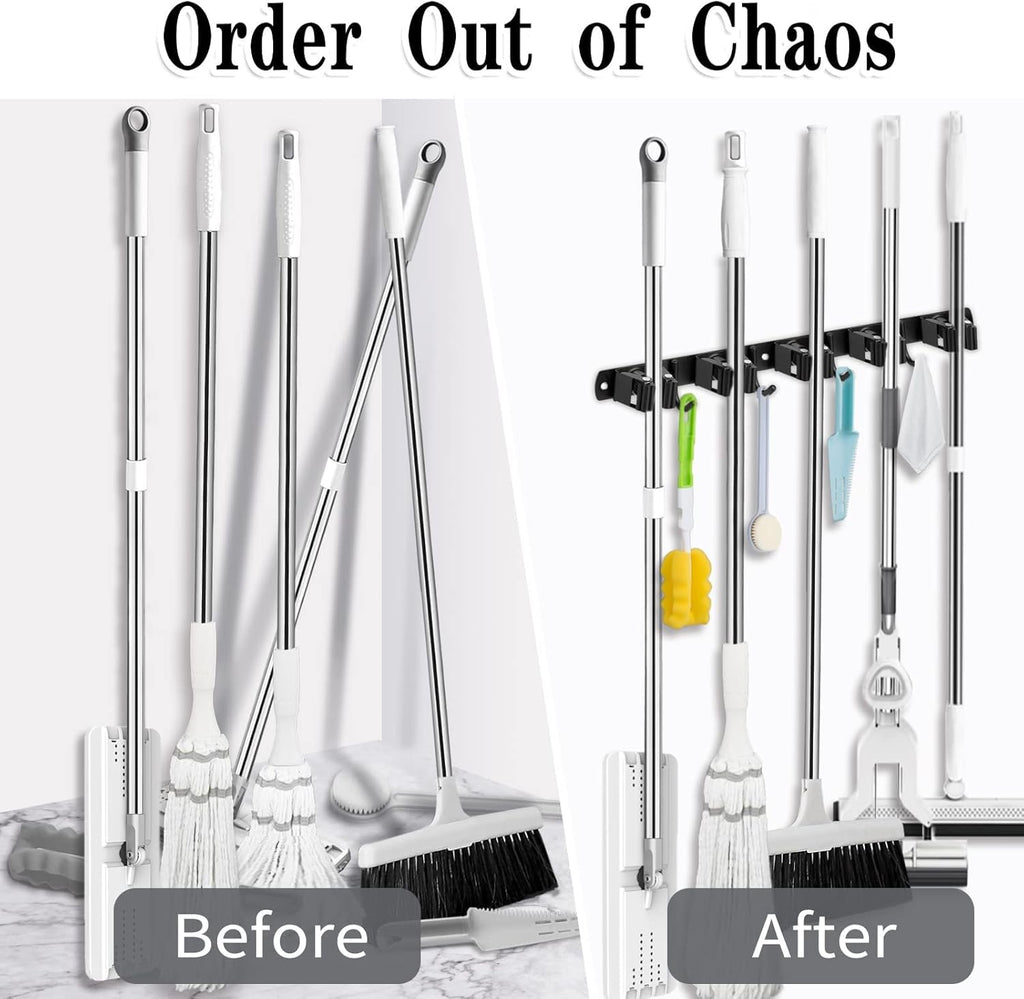 AceMining Broom Holder - 2 Pack Wall Mount Mop Organizer with 5 Racks & 4 Hooks | Heavy-Duty Stainless Steel