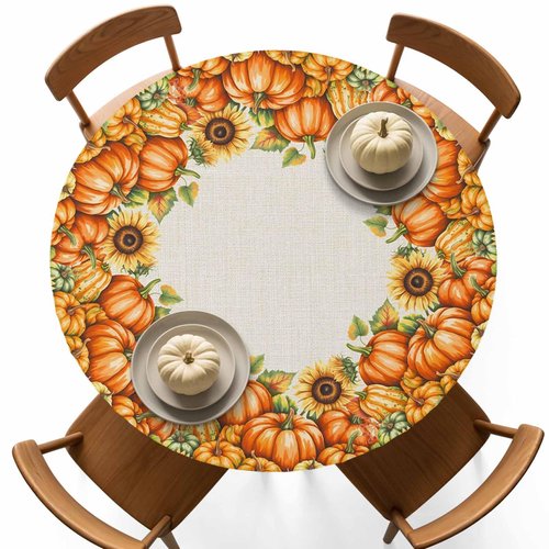 Round Fitted Tablecloth Elastic Edged Table Cover,Thanksgiving Fall Seamless Pumpkin Waterproof Wipeable Table Cloths for Kitchen Dining Party Fit up 55-60in Tables,Watercolor Maple Leaves on Burlap
