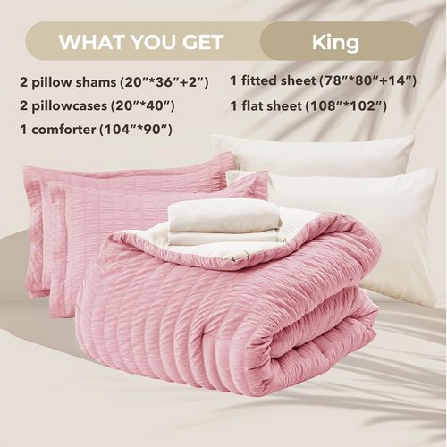 HYMOKEGE King Size Comforter Set - Luxurious Seersucker 7-Piece Bedding Set in Pink/Ivory