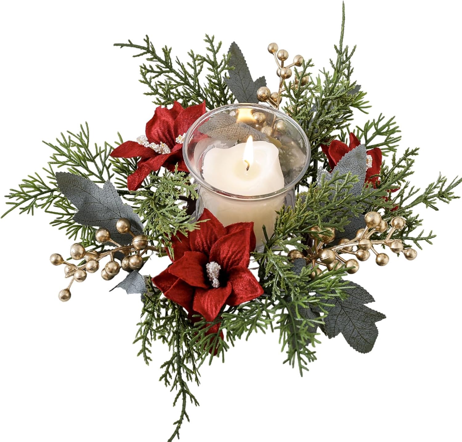 Regine Switzerland Christmas Candle Rings - Artificial Flower & Gold Berries Decor | 2-Piece Set