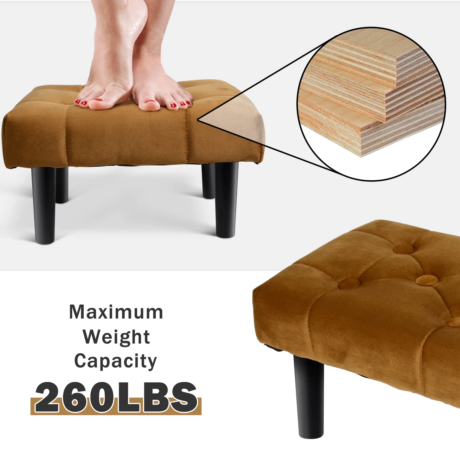 HOUCHICS Small Footstool Ottoman,Velvet Soft Footrest Ottoman with Wood Legs,Sofa Footrest Extra Seating for Living Room Entryway Office(Coffee 2PACK)