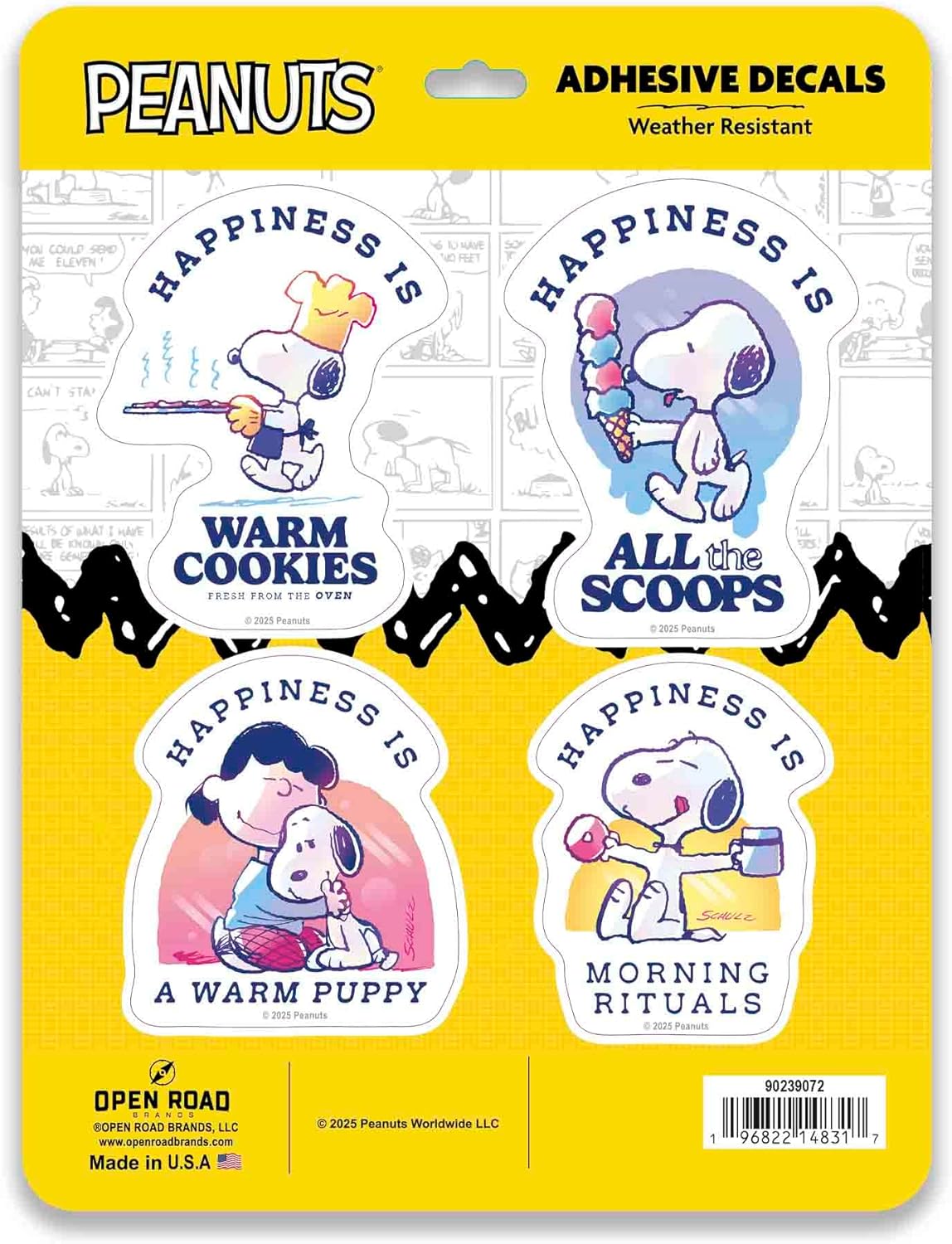 Peanuts Happiness Adhesive Vinyl Decals - Heartwarming Snoopy and Friends Sticker Set, 4 Count