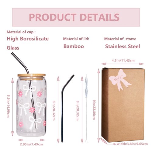 Ndahjahd Coquette Daisy Bow Glass Cup with Bamboo Lid & Straw - 16oz Aesthetic Tumbler, Leakproof Iced Coffee Cup for Women, Reusable Gift Set with Cleaning Brush(White)