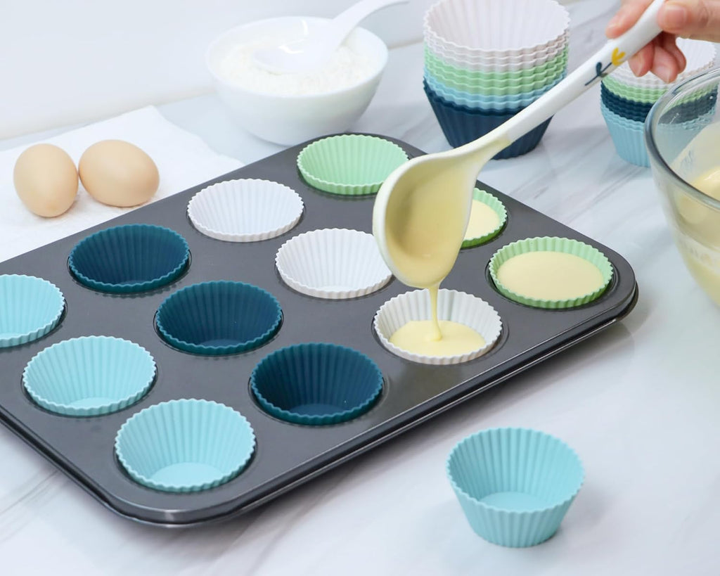 Skiennix Silicone Baking Muffin Cups - 12 Pack Reusable Cupcake Liners | BPA Free, Dishwasher Safe (White, Green, Navy, Dusty Blue)