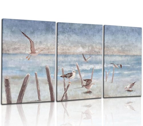 Kdyudo 3 pcs Beach and Seagull Canvas Framed Wall Art, Blue Sand and Seagull Printed Poster Seascape and Beach Scenery Theme Suitable for Living Room Bedroom and Office Wall Decor 16x24 inch