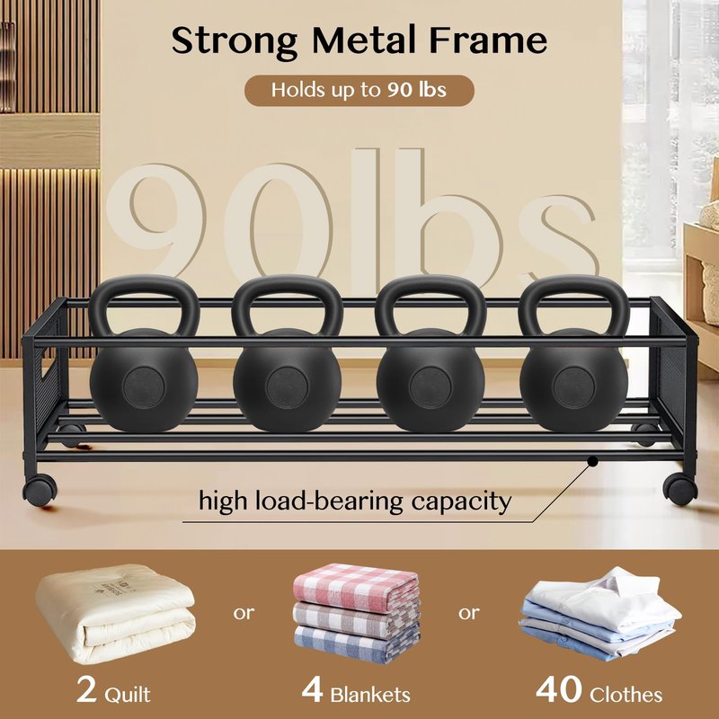 Futego Under Bed Storage with Wheels,2 Pack Under Bed Storage Containers with Clear Lids,Under the bed storage Organizer Bins, Large Rolling Under Bed Metal Drawer for Clothes,Shoes,Blankets