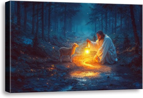 Christian Wall Art | Jesus and Lamb Canvas Decor - Prayer Room Serenity Prayer (24" x 16")