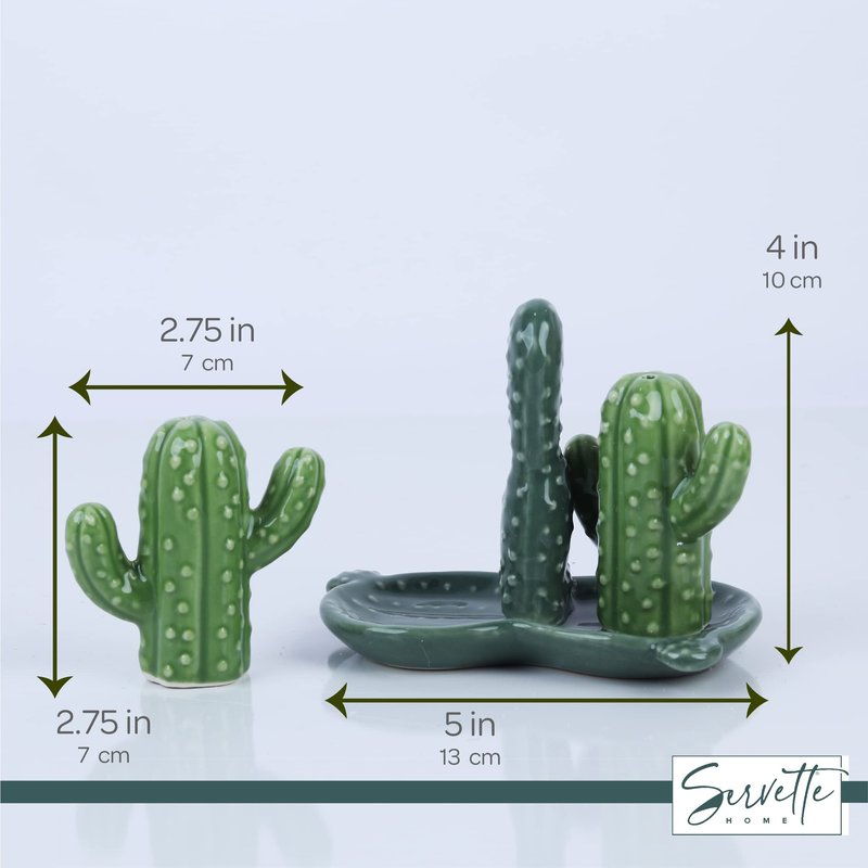 Ceramic Salt & Pepper Shakers Collectors Kitchen Décor with Tray - Cactus
