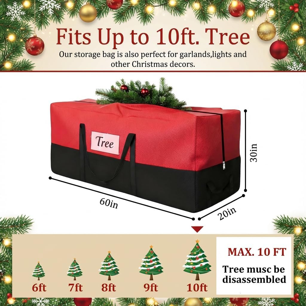 PLTCAT Christmas Tree Storage Bag - Heavy-Duty 10-12 Ft Artificial Tree Container with Zipper & Transparent Pocket - Red