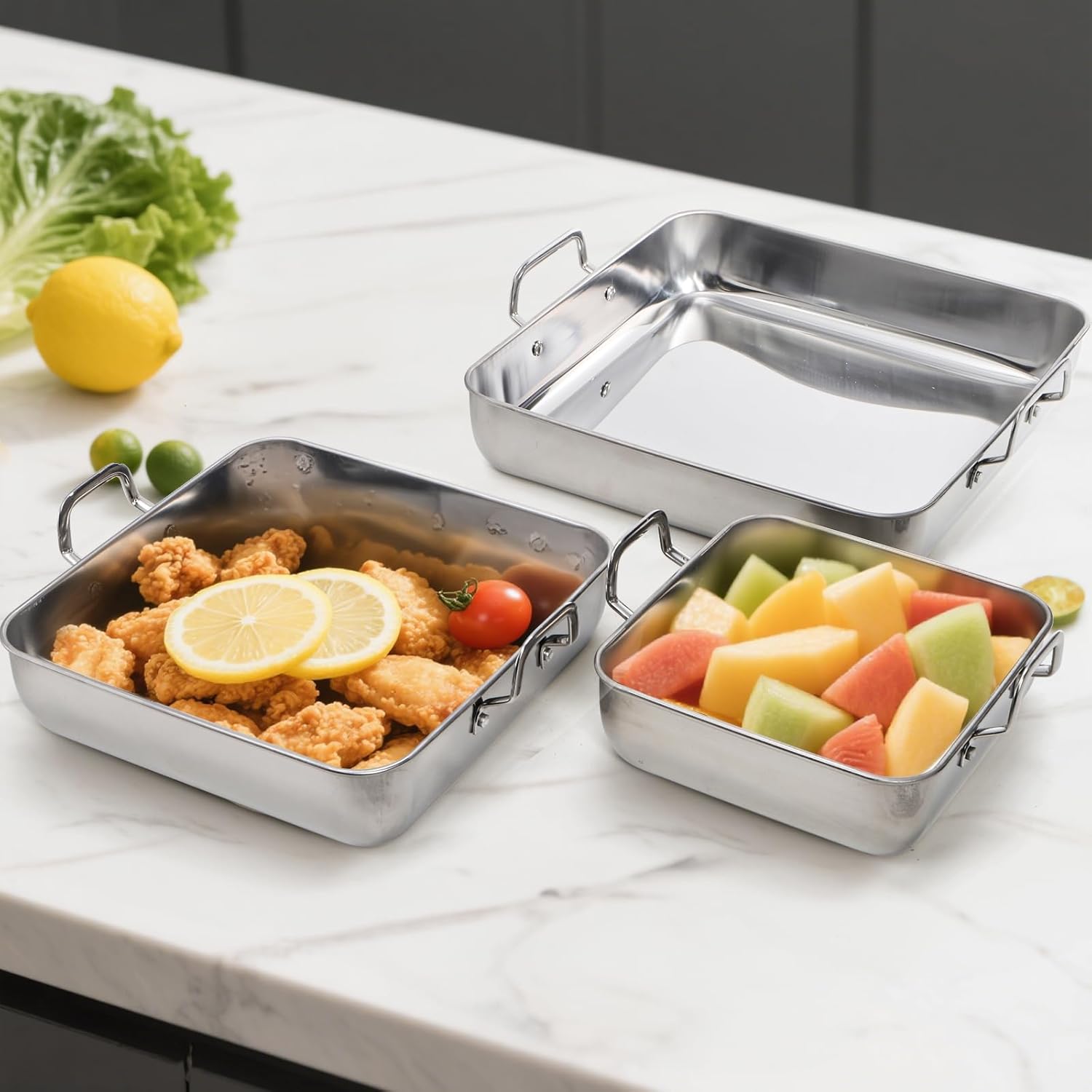 Tebery Square Cake Pan Set - Deep Stainless Steel Nonstick Baking Pans with Handles | Durable Bakeware for Birthdays & Weddings