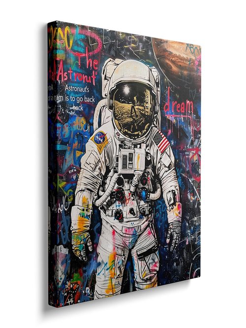 Ypxzzj Banksy Framed Graffiti Astronaut Canvas Wall Art Spaceman Posters Prints Pictures Wall Decor Modern Abstract Street Graffiti Painting Artwork for Living Room Home Decor Ready to Hang(36L" x 24W")