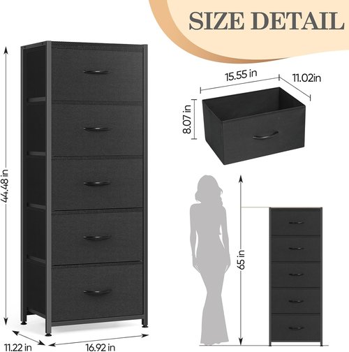 MOOACE 5-Drawer Dresser - Tall Fabric Storage Organizer with Wooden Top - Black Metal Frame