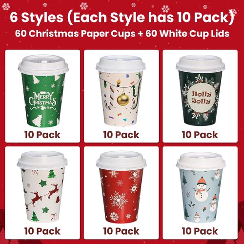 SUREPHON Christmas Disposable Coffee Cups with Lids, 60 Pack 12 Oz To Go Coffee Cups,6 Designs Christmas Coffee Drinking Paper Cups for Hot Chocolate, Hot Cocoa, Xmas Dinner Party