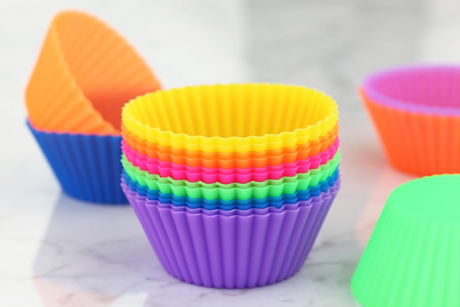 New Star Foodservice Reusable Silicone Baking Cups - Set of 24 Colorful Cupcake Liners