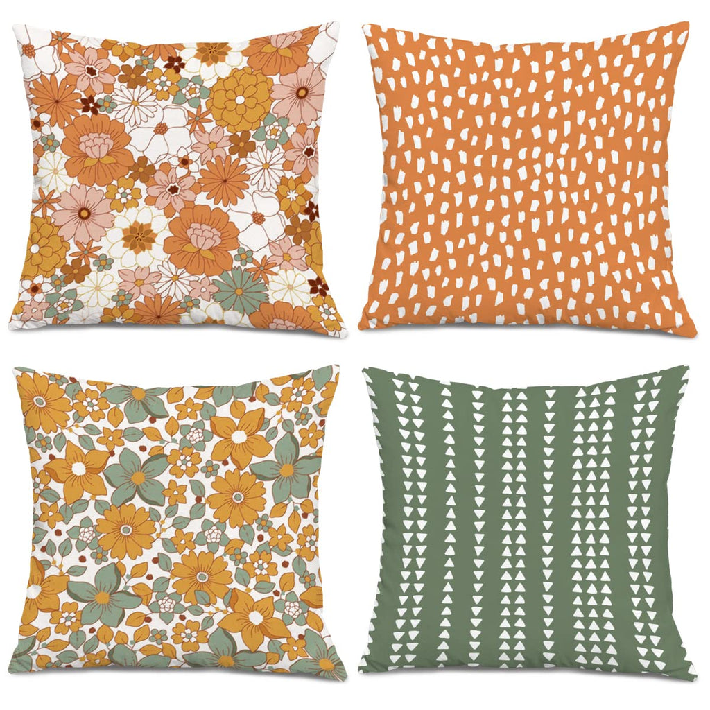 Retro Boho Fall Caramel Orange and Green Hippie 70s Flower Dots Ethnic Floral Decorative Throw Pillow Cover Cushion Case for Women Gifts,Home Sofa Bed Couch Office Bohemian Decor 18 x18 Inch Set of 4