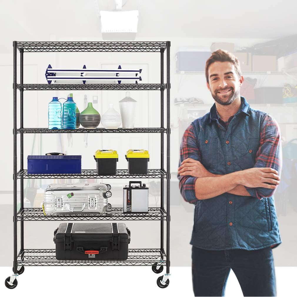 BestOffice 6-Tier Wire Storage Shelves - Heavy-Duty Metal Racks with Wheels | 18x48x78 | Adjustable, Holds Up to 600 lbs | Easy No-Tool Assembly for Home & Garage