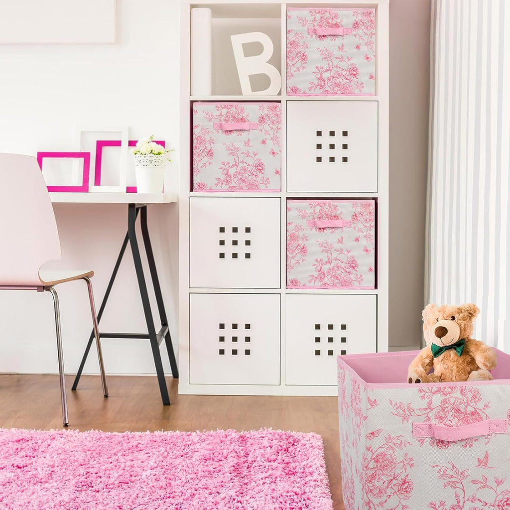 Skiennix Pink Floral Cube Storage Bins - 6 Pcs 12.5 Inch Collapsible Organizer Baskets for Home & Office