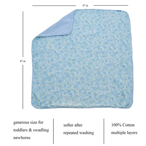 JoyTrek 100% Cotton Muslin Baby Blanket,Reversible Receiving Blanket for Girls,Premium Organic Cotton Crib Quilt for Newborns Toddlers,Soft&Durable for Nursery,Tummy Time,Blue Rose 47x47in