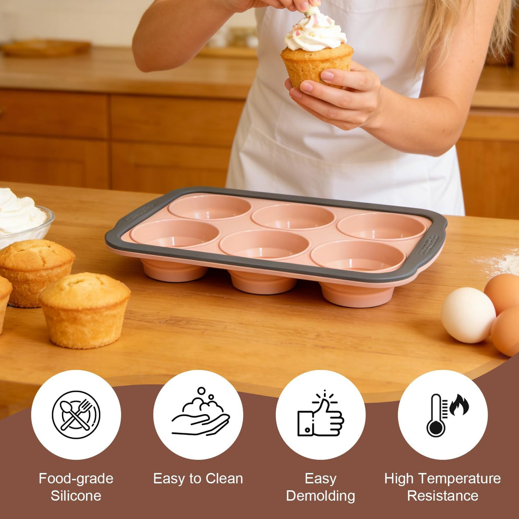 Skiennix Silicone Muffin Pan - 6-Cup Nonstick Baking Mold with Metal Frame | Easy Release & Dishwasher Safe (Pink)