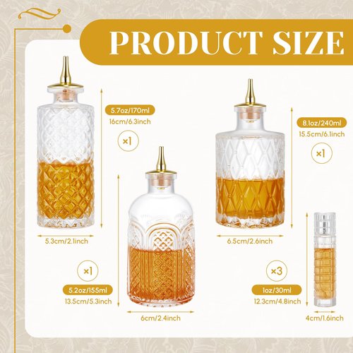 Teenyyou 6 Pcs Bitters Bottle Set Include 3 Sizes Bitter Bottles for Cocktails Glass Dasher Bottles with Dash Tops 3 Glass 1oz Cocktail Atomizer for Home Bar Bartender