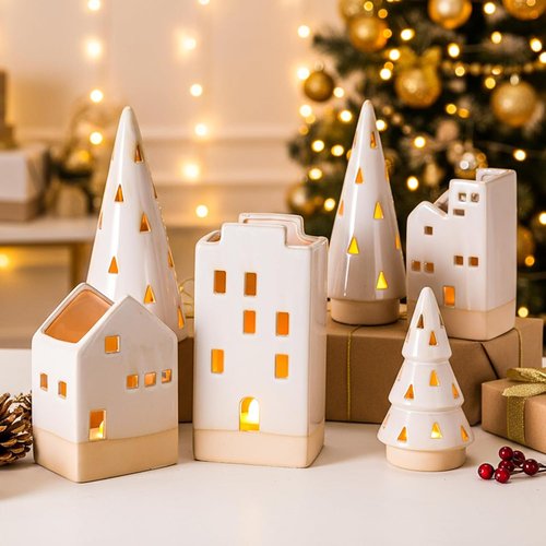 Beeveer Christmas Ceramic Buildings Decoration Set - 6 Pcs Tealight Candle Holders | Winter Holiday Centerpiece (4.4" to 9.4")