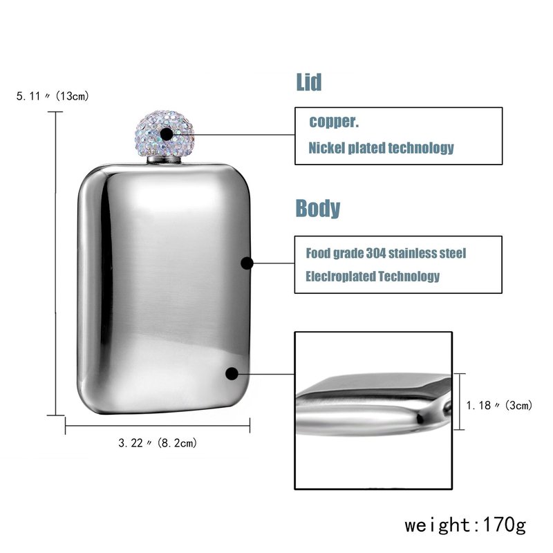 Hillside-Kit Booze Shot Flask- AB Crystal Lid Creative 304 Stainless Steel Wine Alcohol Liquor Flask for Women Girls Men Party Hand size Flask-6OZ