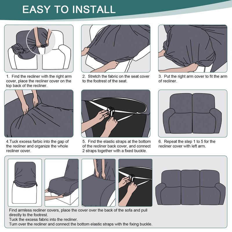 Ruaozz Recliner Sofa Covers Recliner Chair Covers Couch Covers for Reclining Couches with Pockets Washable Furniture Protector with Elastic Bottom (3 Seater, Dark Gray)