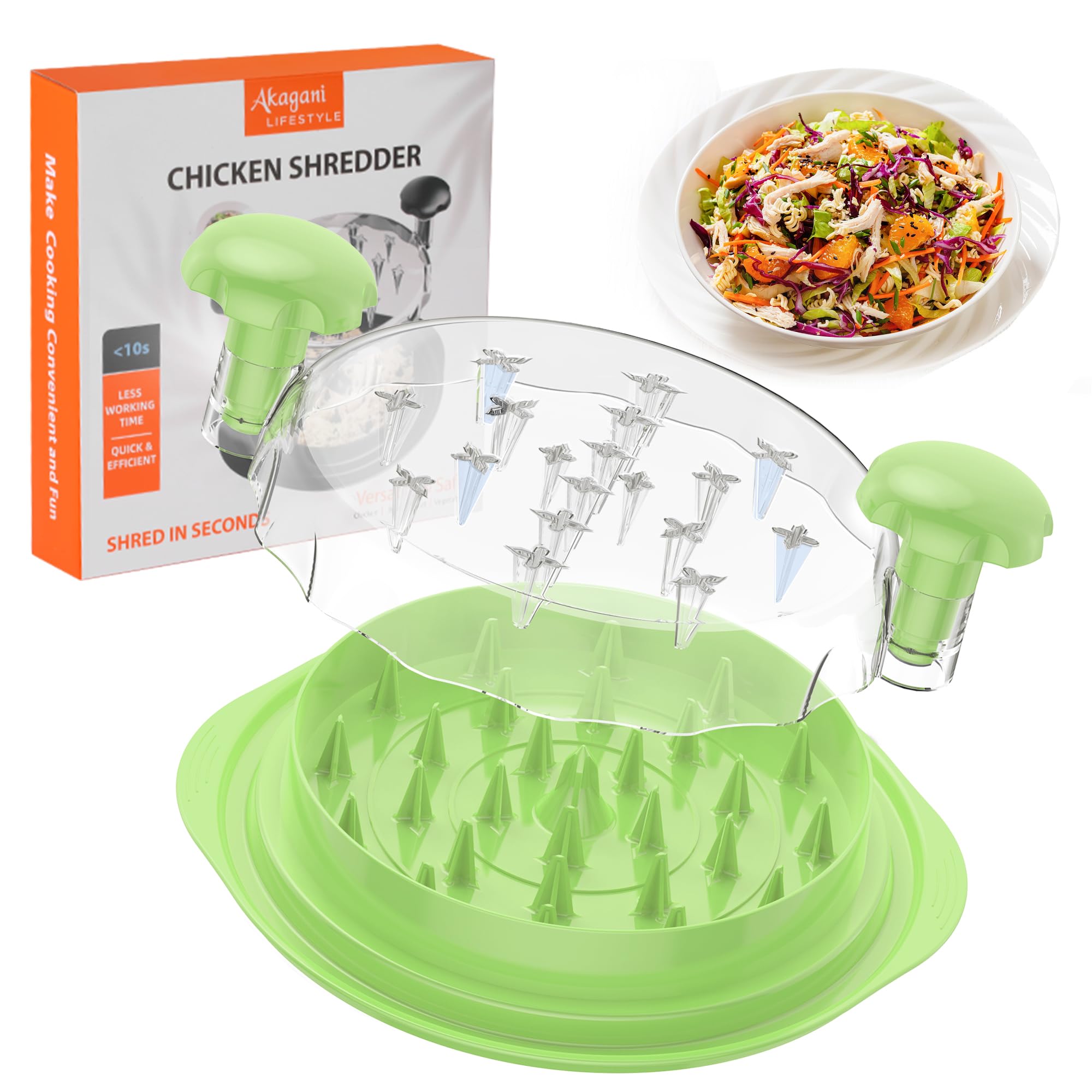 Upgrade Chicken Shredder, 10''Chicken Shredder Tool Twist with Transparent Lid, Ergonomic Handle and Anti-Slip Base, Dishwasher Safe, Cleaning Brush, Heat Resistant (Green)