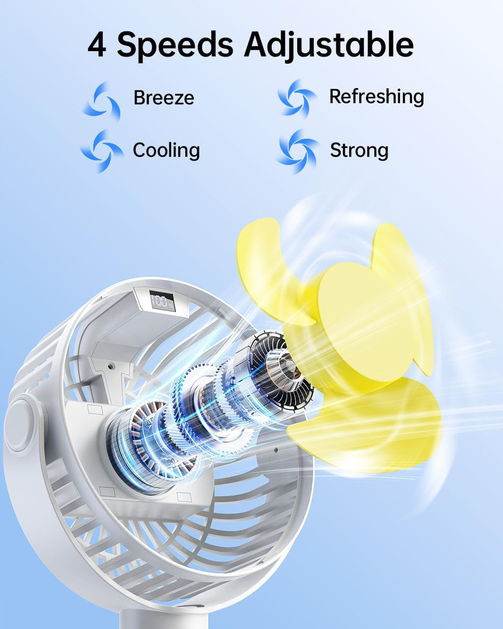 Sweetfull Portable Stroller Fan - 4-Speed Rechargeable Mini Clip-On Fan with LED Display | 360° Rotation, White