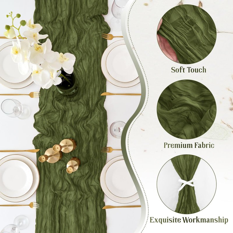 JEZID 4 Pack Olive Green Cheesecloth Table Runner 10FT Boho Rustic Gauze Cheesecloth 120 inch Cheese Cloth Runner for Wedding Bridal Baby Shower Party Home Decoration