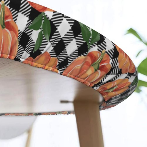 Fiokroo Autumn Pumpkins Checkerboard Tablecloth with Elastic Edge, Round Table Cloth Happy Thanksgiving Washable Reusable Table Cover for Kitchen Dining Party Picnic, Medium
